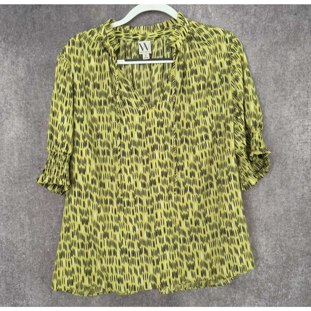 EUC Womens Worthington XL Lime Green Graphic Print Tie Neck Top Ruched Sleeves